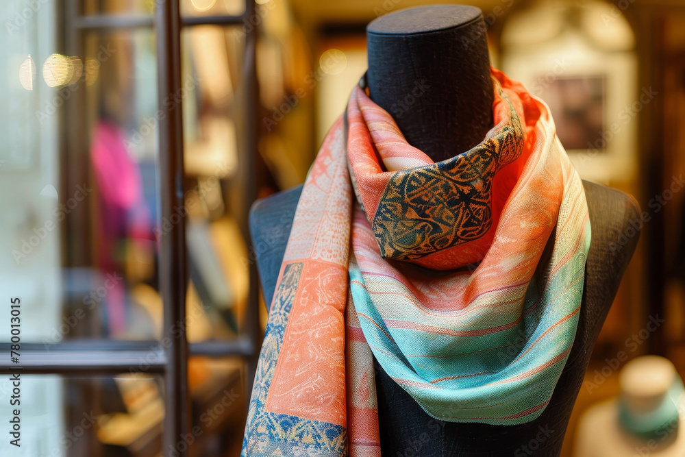 Poster a colorful scarf is displayed on a mannequin in a store window
