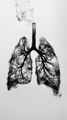 Artistic x-ray style illustration of human lungs with smoke on a white background.