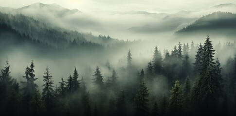 Misty Forest Landscape: Aerial View of Dark Green Pine Trees in a Serene Mountainous Region