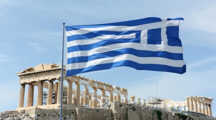 the greek flag flying in athens, greece - 780013206