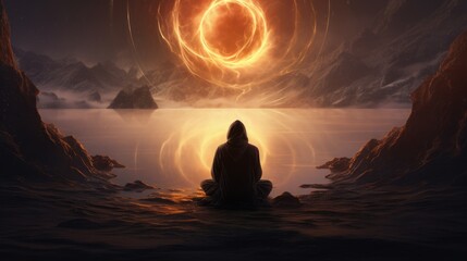 The figure sits cross-legged in front of a body of water, facing a circular light. The light is orange, with an orange spiral coming out of it. The sky is dark and the water has a red reflection. - obrazy, fototapety, plakaty