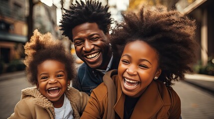 African American boys and their dad are laughing merrily in the street. The concept of family happiness. - obrazy, fototapety, plakaty