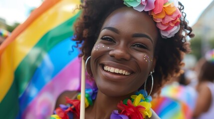 Joyful woman with glitter on face wearing rainbow lei at pride parade. Portrait with bokeh effect.