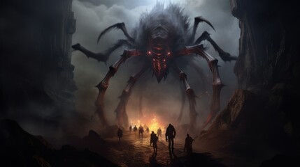 A massive spider monster looms over a group of people standing in a dark mountain passage. There is a fire burning in the background. The sky above the spider is dark and stormy. - obrazy, fototapety, plakaty