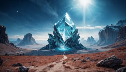 An imposing crystal formation rises from a stark desert landscape, glowing with an inner light that contrasts the surrounding barren, rocky terrain.