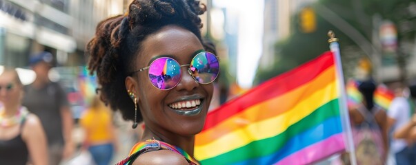 Smiling woman with rainbow flag at Pride parade. Close-up street portrait with colorful background
