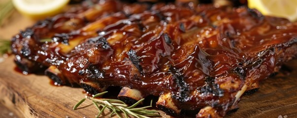 Barbecued pork ribs with glistening sauce and rosemary. Food photography with bokeh background - obrazy, fototapety, plakaty