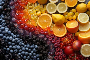 Dynamic array of fruits and candies, illustrating a visually attractive contrast and assortment...