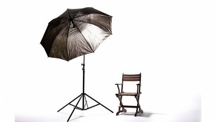 Vintage director Chair Under Studio Lighting on white background as image concept for film industries.