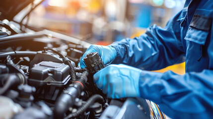 A skilled mechanic performing diagnostic tests and repairs on a vehicle in a busy automotive garage.