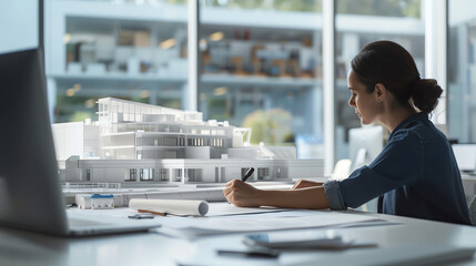 A visionary architect sketching innovative building designs and blueprints with precision and creativity in their modern office.