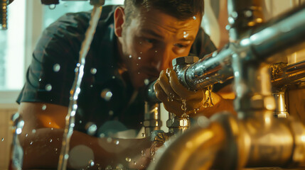 A experienced plumber repairing a leaky pipe and ensuring proper functioning of plumbing systems in a residential home.