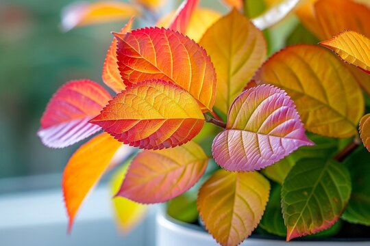 Colorful leaves in white planter, natural daylight, macro shot, sharp focus, vibrant , 8K , high-resolution, ultra HD,up32K HD