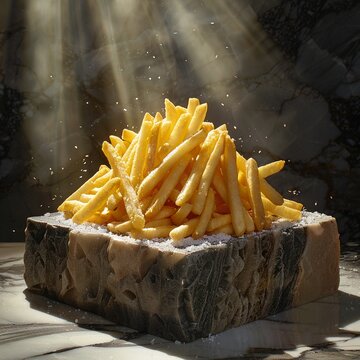 Deluxe fries array, shadowy stone setting, diffused overhead light, wide shot , 8K , high-resolution, ultra HD,up32K HD