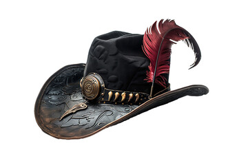 pirate hat with red feather and skull decoration, transparent background