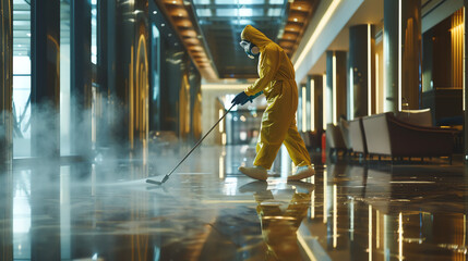 A diligent cleaner meticulously sanitizing and disinfecting surfaces to maintain high standards of hygiene and cleanliness in a commercial space. - obrazy, fototapety, plakaty