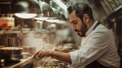 A master chef crafting exquisite dishes with precision and creativity in the bustling kitchen of a high-end restaurant. - obrazy, fototapety, plakaty