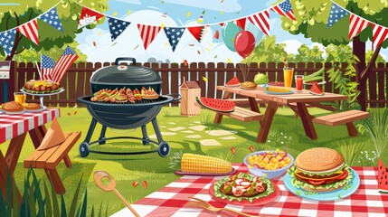 Festive backyard BBQ party illustration with American flags, ideal for Independence Day celebrations.