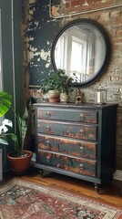 Dresser With Mirror and Potted Plant