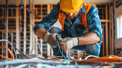 A skilled electrician installing wiring and electrical fixtures with precision and attention to safety standards at a construction site.