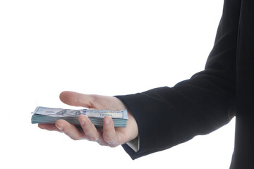 Business man holding money on white background