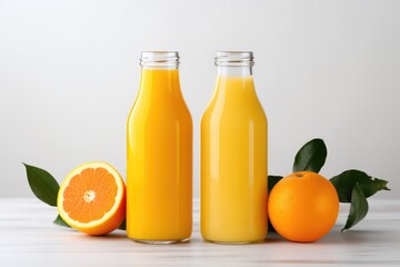 Bottle of fresh orange juice and an orange on a white background isolated