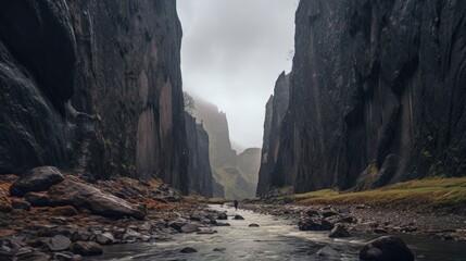 Solitary Trekker in a Majestic Rocky Canyon with Stream and Misty Horizon - obrazy, fototapety, plakaty