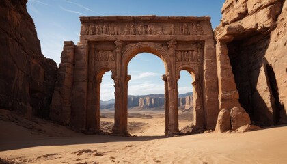 A majestic ancient archway stands resiliently in a vast desert, the intricate carvings depicting an era of splendor amid sandy solitude