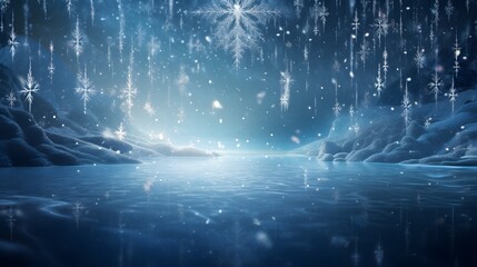 Design an AI-driven winter wonderland with virtual snowflakes falling gently around AI beings engaged in crismis celebrations - obrazy, fototapety, plakaty