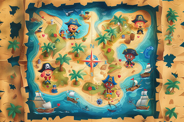 cute illustration of treasure hunt map, pirates themed, kids pirate playful game