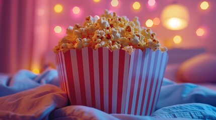 Popcorn in a striped container with bokeh lights
