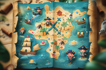 cute illustration of treasure hunt map, pirates themed, kids pirate playful game - obrazy, fototapety, plakaty