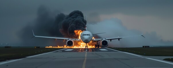 Airliner on fire at the airport runway during dusk. Emergency aviation disaster concept.