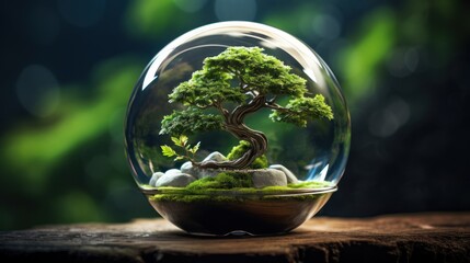 A beautiful tree inside a beautiful glass ball on an elegant wooden stand
