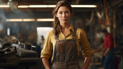 Young woman in overalls to repair machinery in repair shop, looking at camera with confidence.