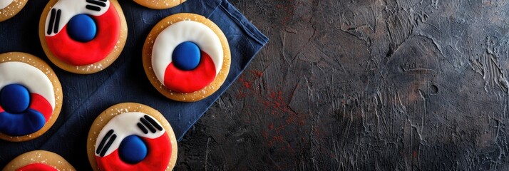 horizontal banner, National Foundation Day Korea, flag of Korea, national Korean sweets, cupcakes with cream, treats for children, top view, copy space, free space for text