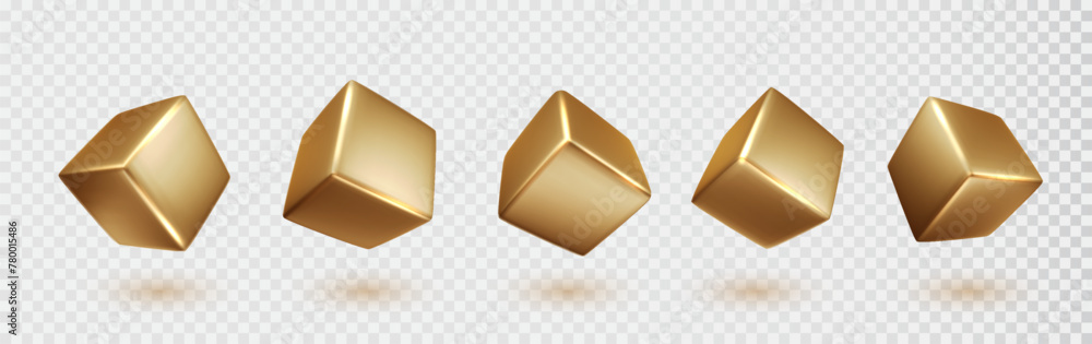 Poster gold cube shapes set isolated on white background. golden glossy realistic primitives . abstract dec