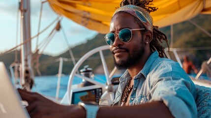 modern handsome influencer Caribbean pirate, sitting on a sailing modern boat and working on a laptop - obrazy, fototapety, plakaty