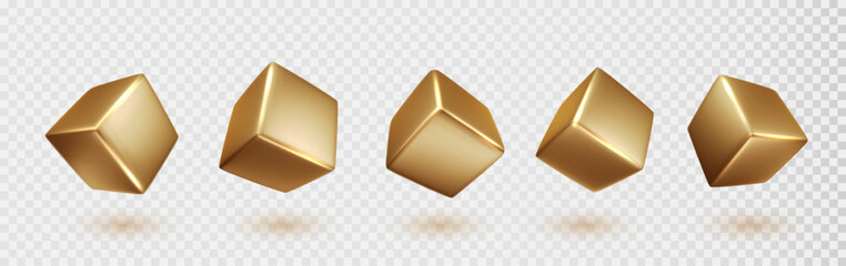 Gold cube shapes set isolated on white background. Golden glossy realistic primitives . Abstract decorative vector figure for trendy design