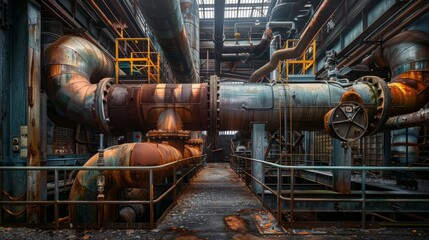 Weathered industrial pipelines in a rusting factory environment. Urban decay and abandoned industrial concept