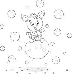 Funny cartoony little piglet riding on a big soap bubble among many other soapbubbles flying around, black and white vector cartoon illustration for a coloring book