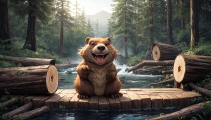 A cartoon beaver proudly sits on a wooden bridge, amidst a serene forest setting with a flowing stream and foggy background.