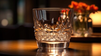 Elegant Crystal Whiskey Glass on Wooden Table - obrazy, fototapety, plakaty