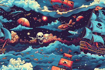 seamless pattern illustration of pirates, ships and sea at night, pirate themed, vector style - obrazy, fototapety, plakaty