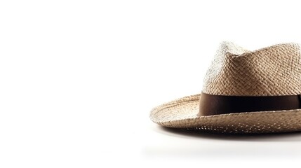 Isolated Elegant Straw Fedora Hat on White Background with copy space for text.