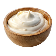 Sour cream in a wooden bowl isolated on a transparent background.