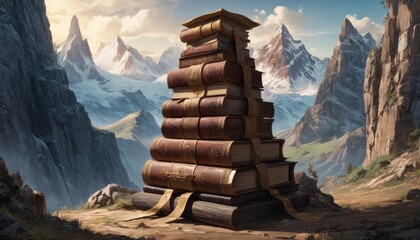 An imaginative painting of a towering stack of ancient books against a backdrop of majestic mountains, evoking a sense of adventure and wisdom. - obrazy, fototapety, plakaty