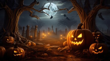 Glowing pumpkin in a dark forest setting with twisted trees, evoking classic Halloween themes - Festive traditions.