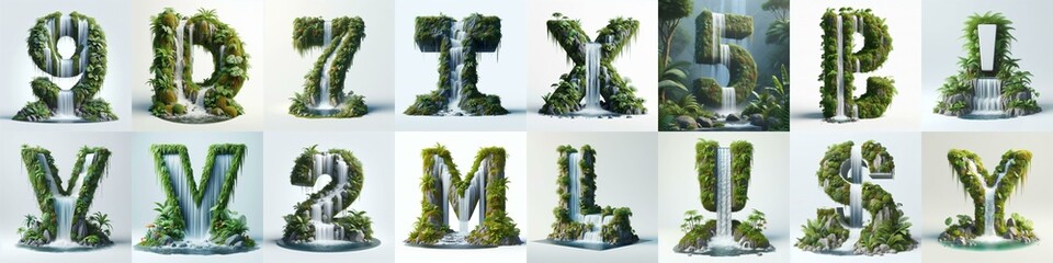 waterfall and lush lettering. AI generated illustration