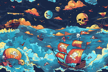 seamless pattern illustration of pirates, ships and sea at night, pirate themed, vector style